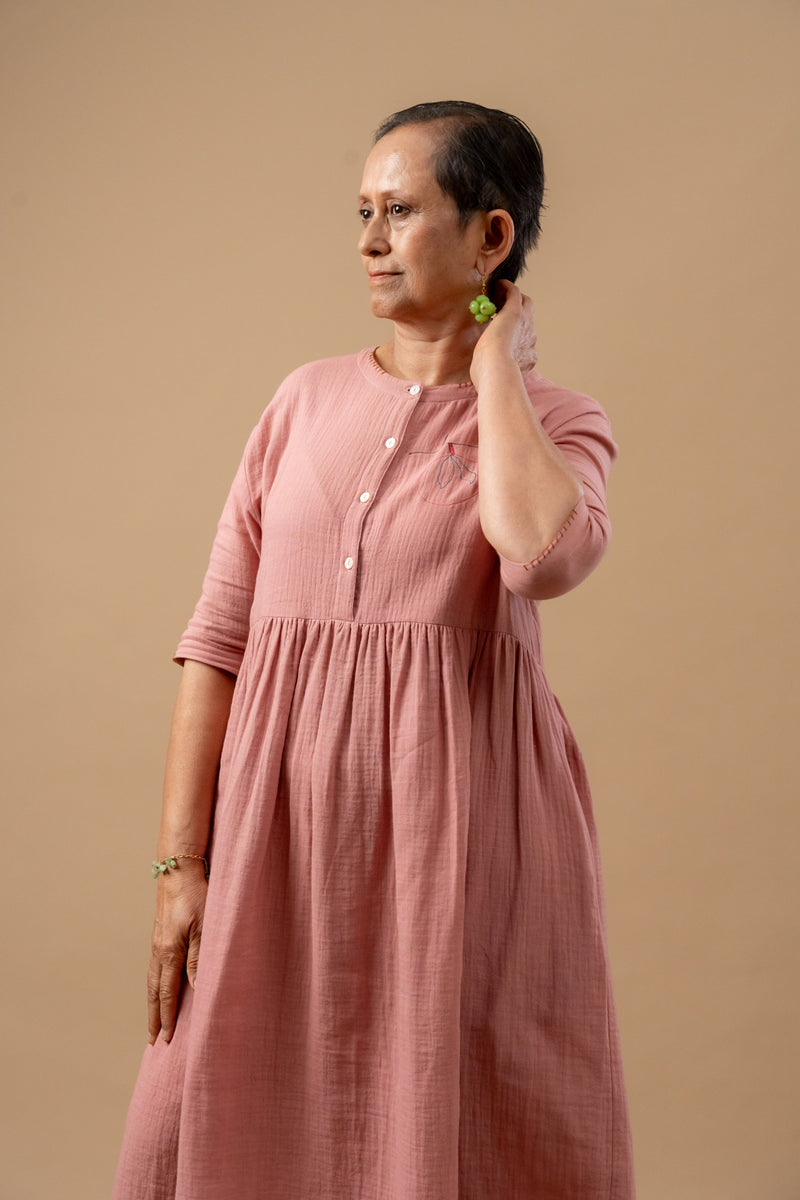 Kara Rose Dress organic cotton gauge by Doodlage in pink color for women in Singapore