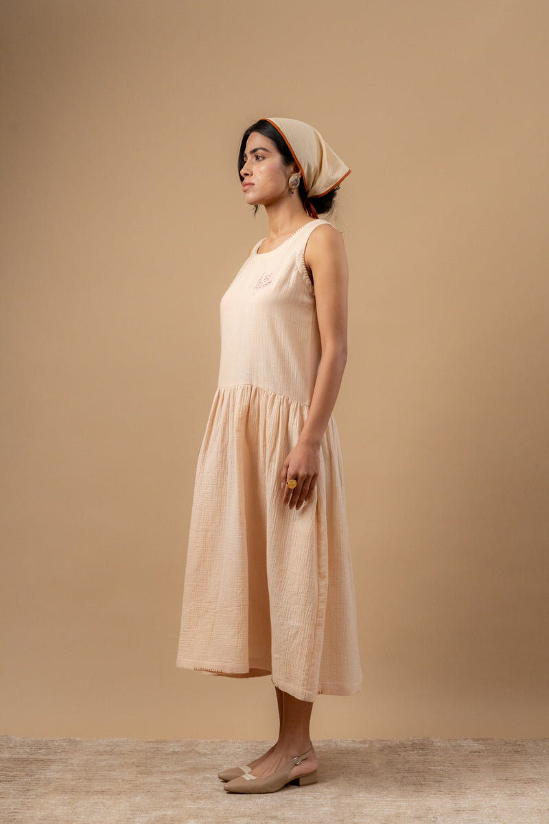Susan Drop Waist Dress organic cotton gauge by Doodlage in beige color for women in Singapore