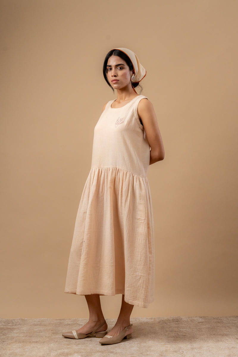 Susan Drop Waist Dress organic cotton gauge by Doodlage in beige color for women in Singapore