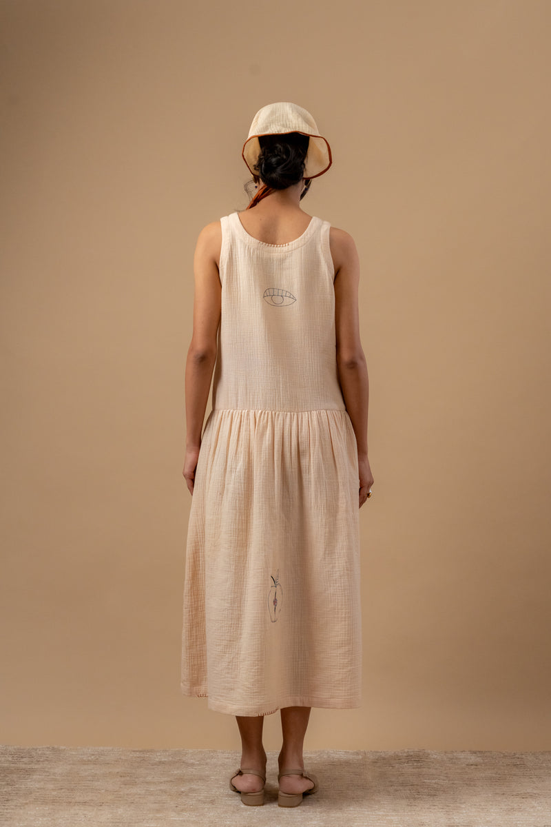Susan Drop Waist Dress organic cotton gauge by Doodlage in beige color for women in Singapore