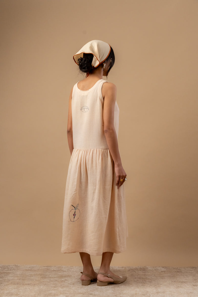 Susan Drop Waist Dress organic cotton gauge by Doodlage in beige color for women in Singapore
