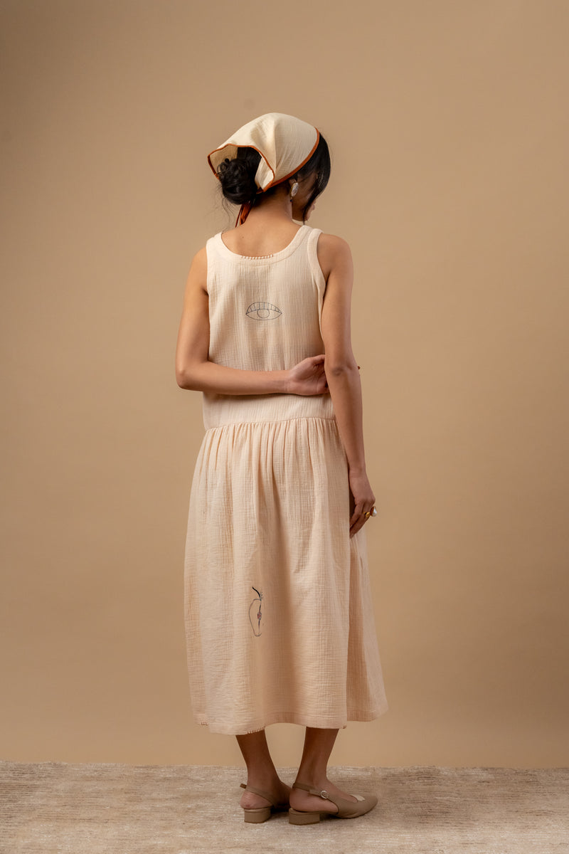 Susan Drop Waist Dress organic cotton gauge by Doodlage in beige color for women in Singapore