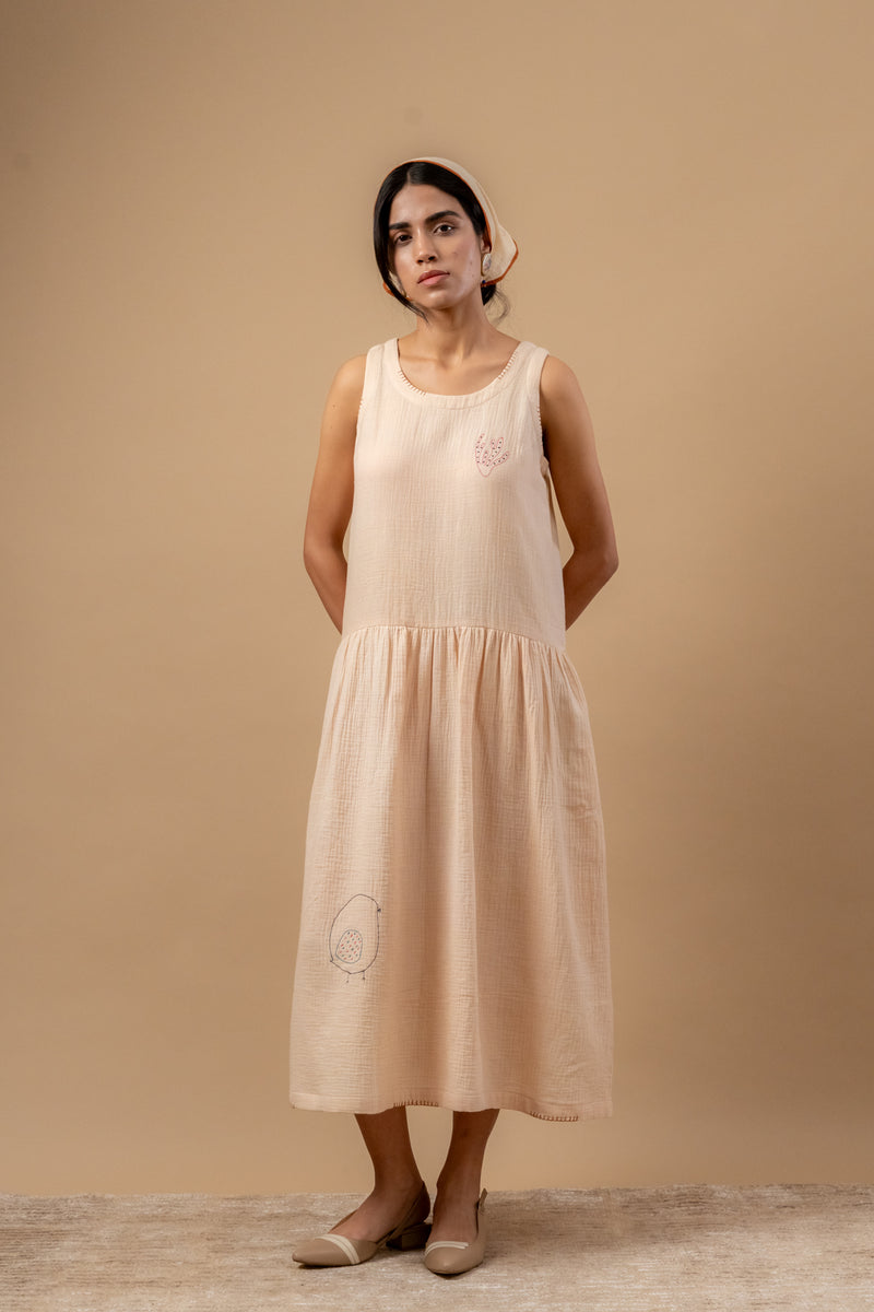 Susan Drop Waist Dress organic cotton gauge by Doodlage in beige color for women in Singapore