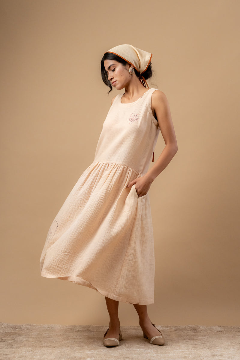 Susan Drop Waist Dress organic cotton gauge by Doodlage in beige color for women in Singapore