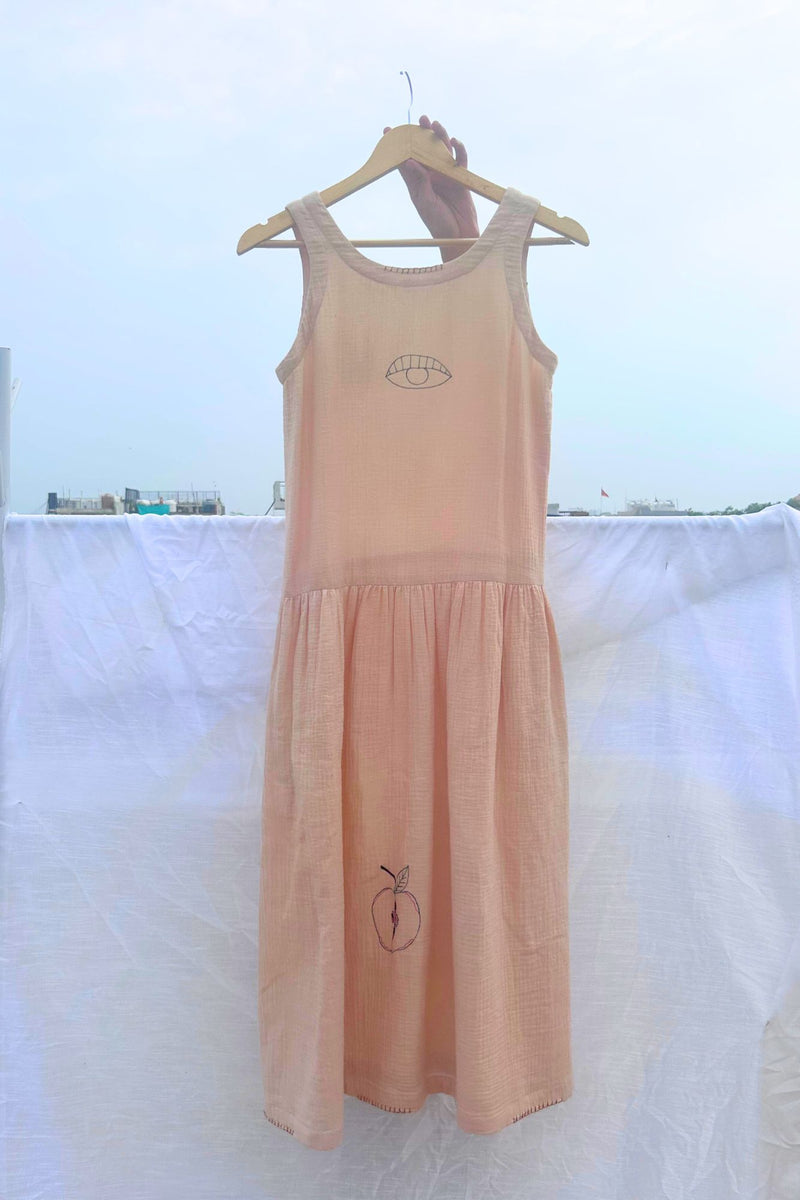 Susan Drop Waist Dress organic cotton gauge by Doodlage in beige color for women in Singapore