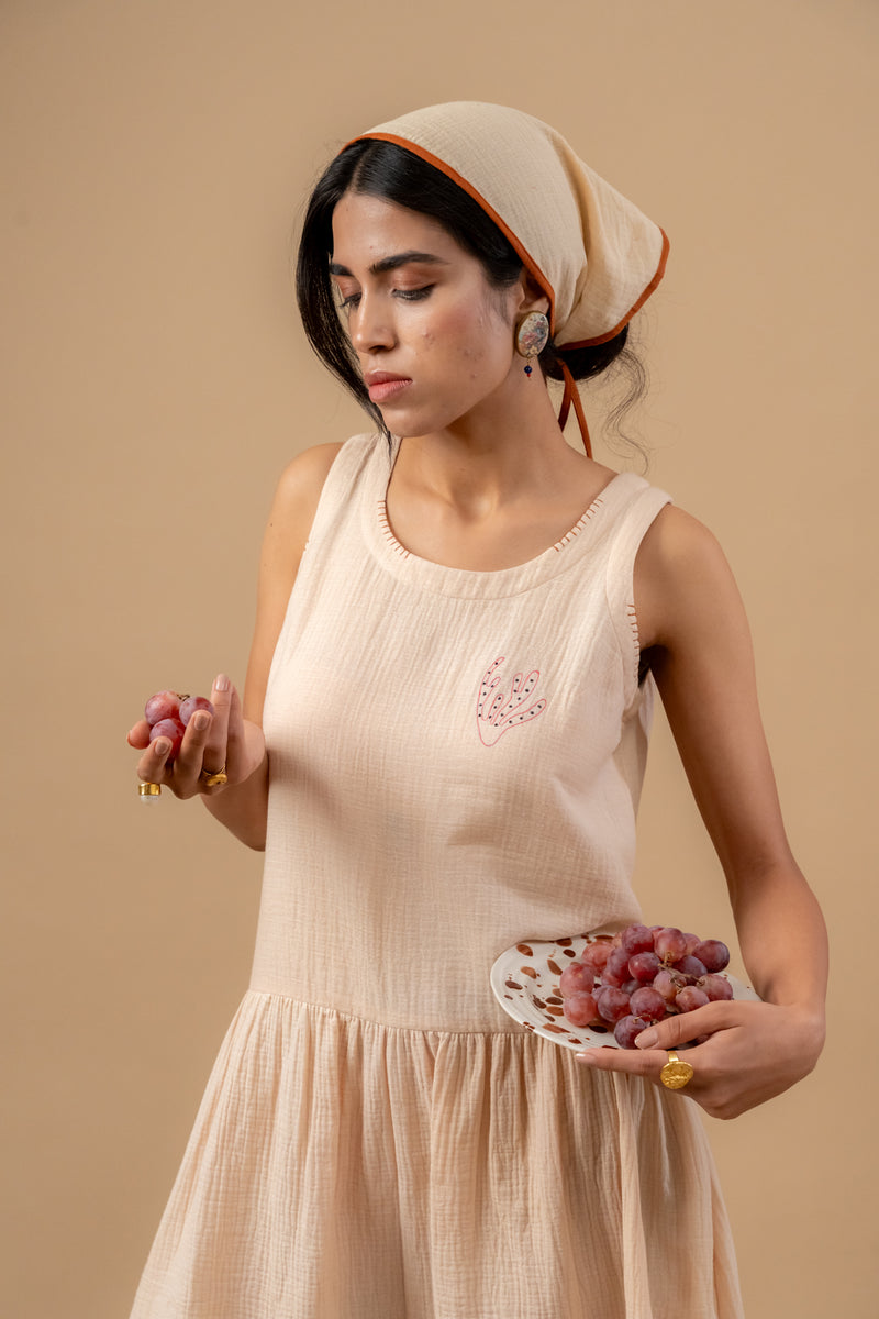 Susan Drop Waist Dress organic cotton gauge by Doodlage in beige color for women in Singapore