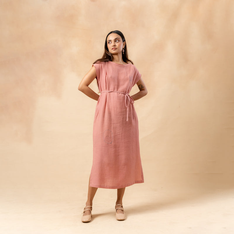 Erna Organic Cotton Dress With Waist Belt organic cotton gauge by Doodlage in pink color for women in Singapore