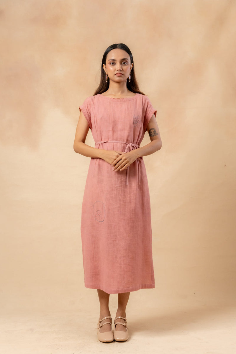 Erna Organic Cotton Dress With Waist Belt organic cotton gauge by Doodlage in pink color for women in Singapore