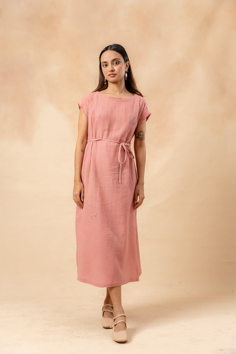 Erna Organic Cotton Dress With Waist Belt organic cotton gauge by Doodlage in pink color for women in Singapore