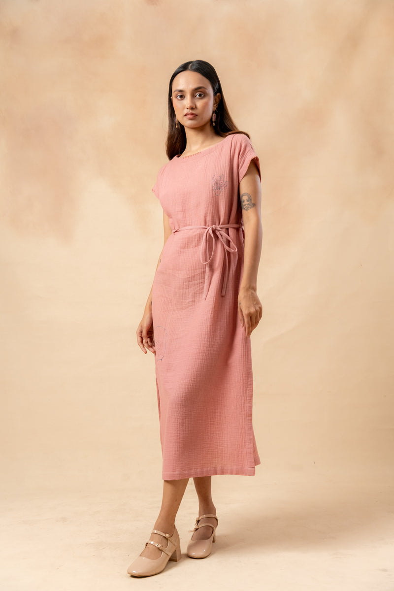 Erna Organic Cotton Dress With Waist Belt organic cotton gauge by Doodlage in pink color for women in Singapore