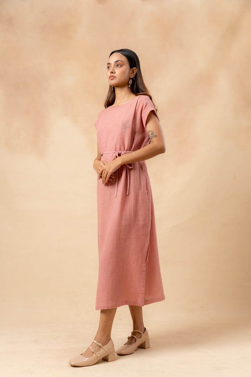 Erna Organic Cotton Dress With Waist Belt organic cotton gauge by Doodlage in pink color for women in Singapore