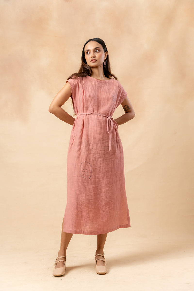 Erna Organic Cotton Dress With Waist Belt organic cotton gauge by Doodlage in pink color for women in Singapore