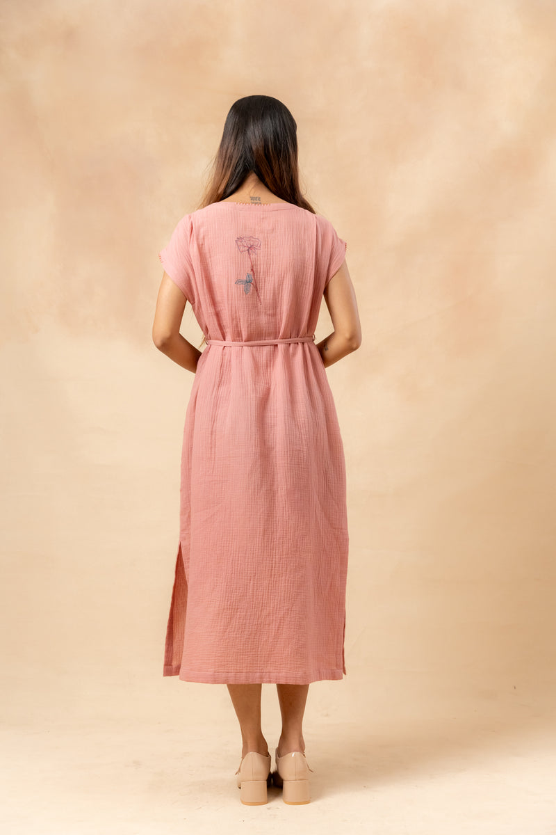 Erna Organic Cotton Dress With Waist Belt organic cotton gauge by Doodlage in pink color for women in Singapore