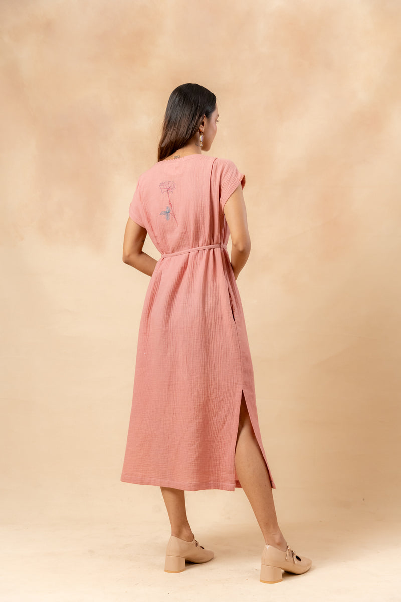 Erna Organic Cotton Dress With Waist Belt organic cotton gauge by Doodlage in pink color for women in Singapore