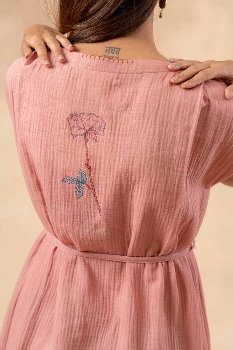Erna Organic Cotton Dress With Waist Belt organic cotton gauge by Doodlage in pink color for women in Singapore