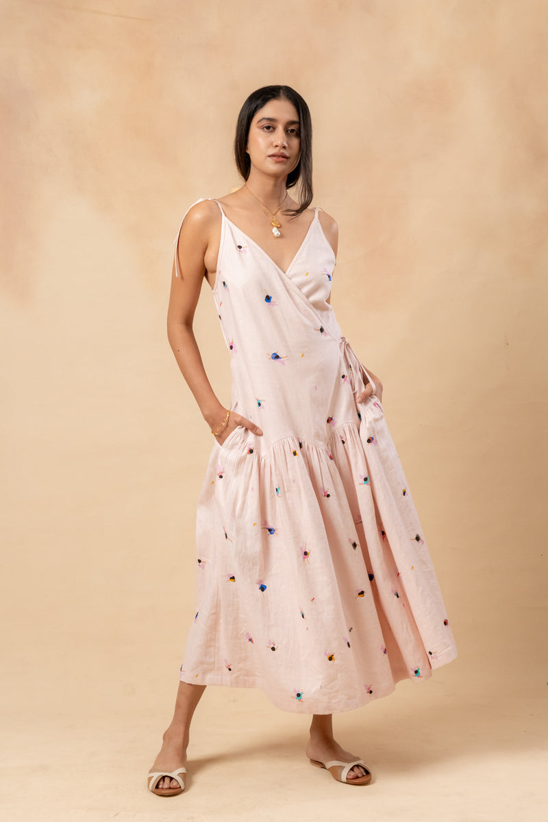 Crayon Wrap Dress linen by Doodlage in pink color for women in Singapore