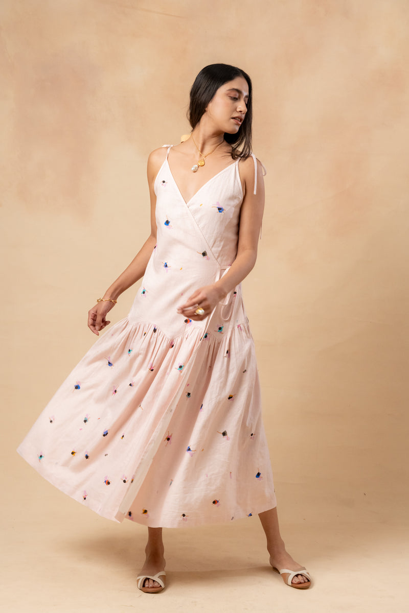 Crayon Wrap Dress linen by Doodlage in pink color for women in Singapore