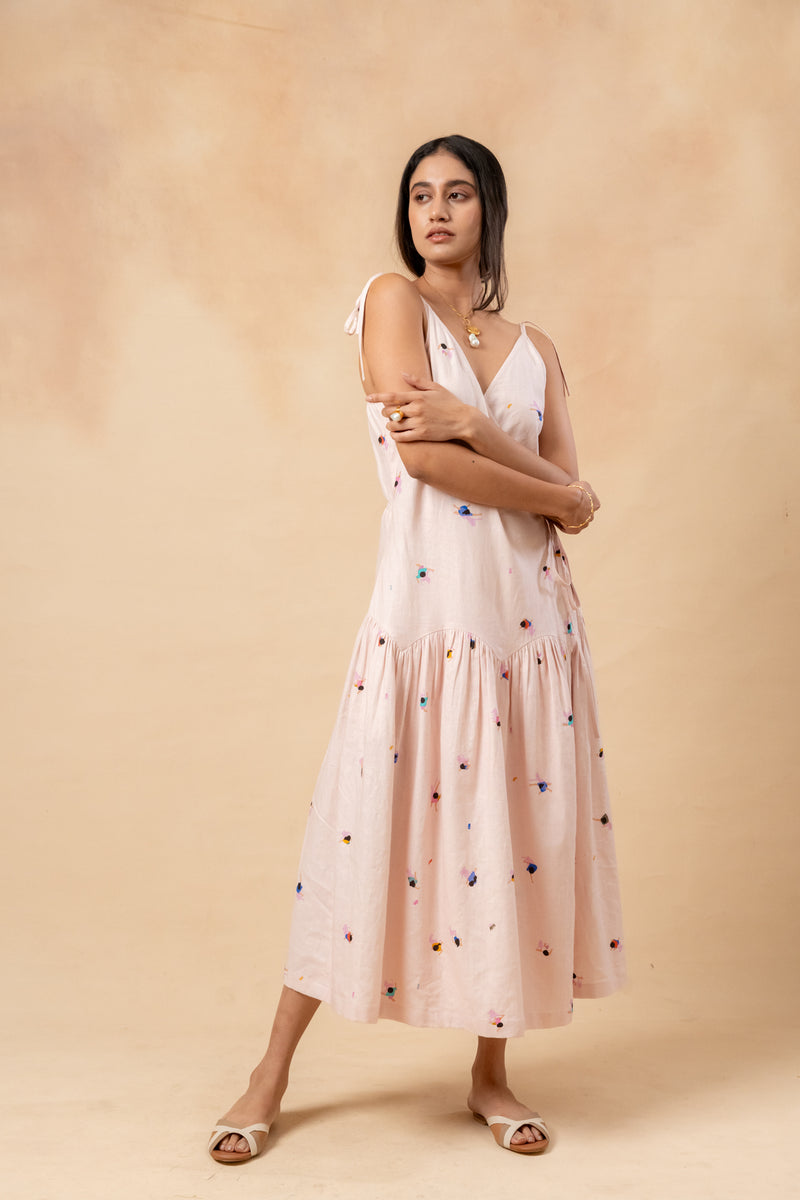 Crayon Wrap Dress linen by Doodlage in pink color for women in Singapore