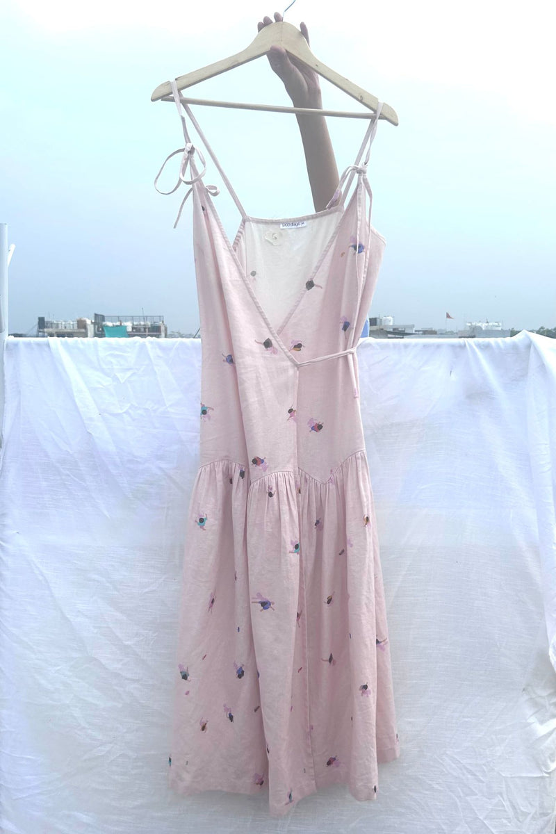 Crayon Wrap Dress linen by Doodlage in pink color for women in Singapore