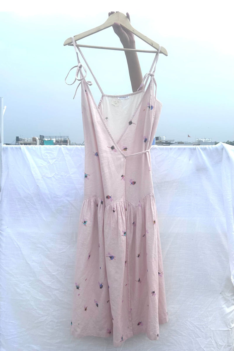 Crayon Wrap Dress linen by Doodlage in pink color for women in Singapore