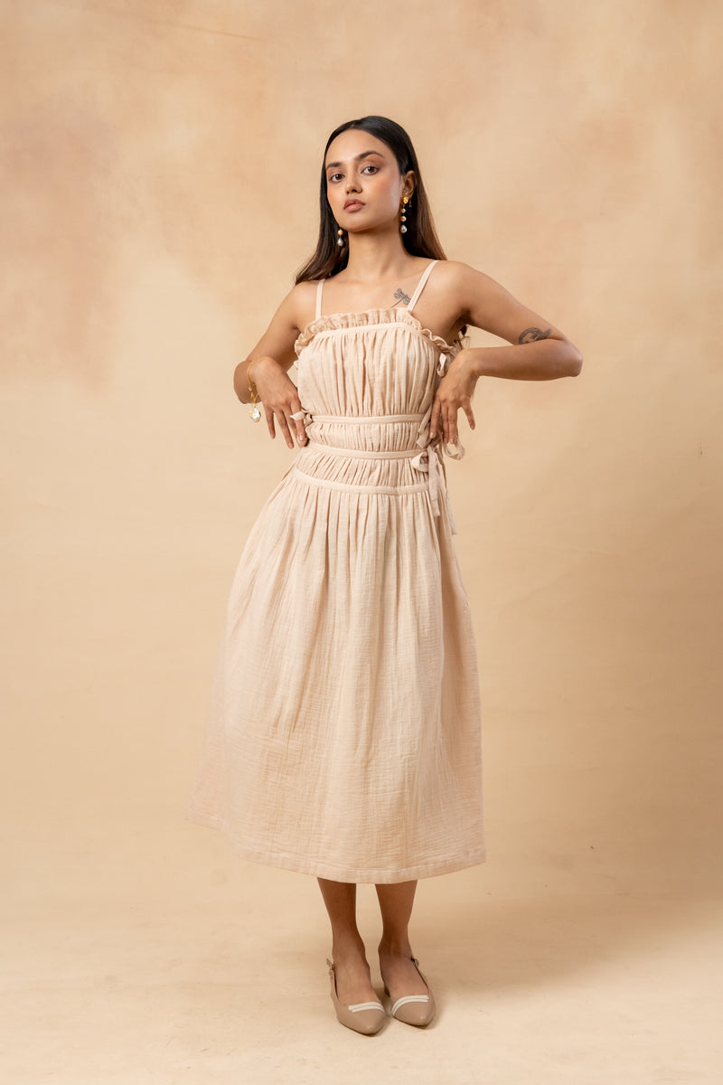 Kiteberry Dress organic cotton gauge by Doodlage in beige color for women in Singapore