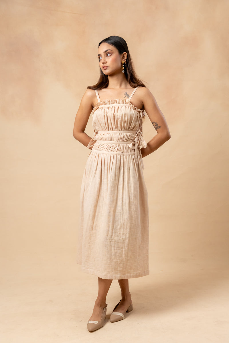 Kiteberry Dress organic cotton gauge by Doodlage in beige color for women in Singapore