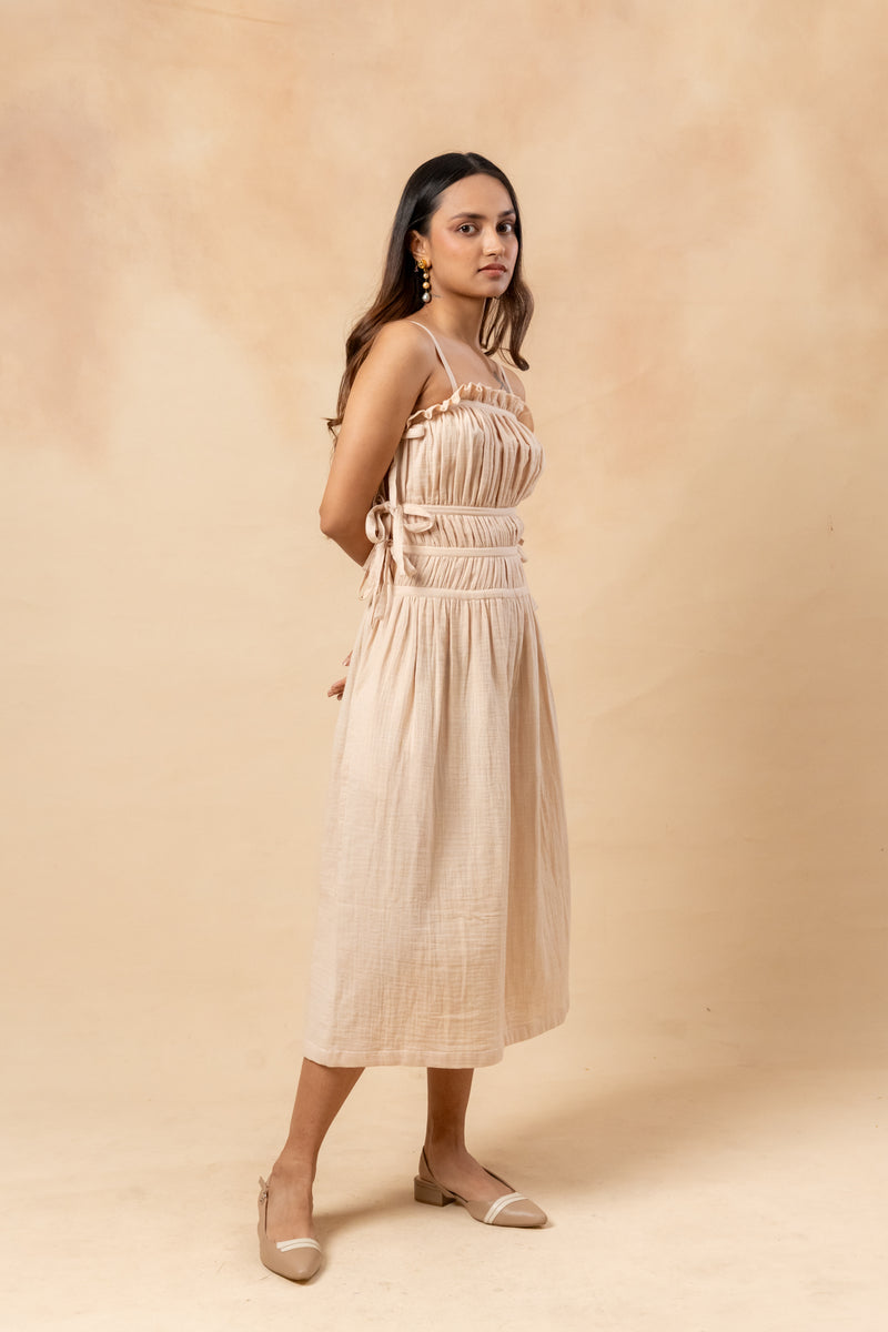 Kiteberry Dress organic cotton gauge by Doodlage in beige color for women in Singapore