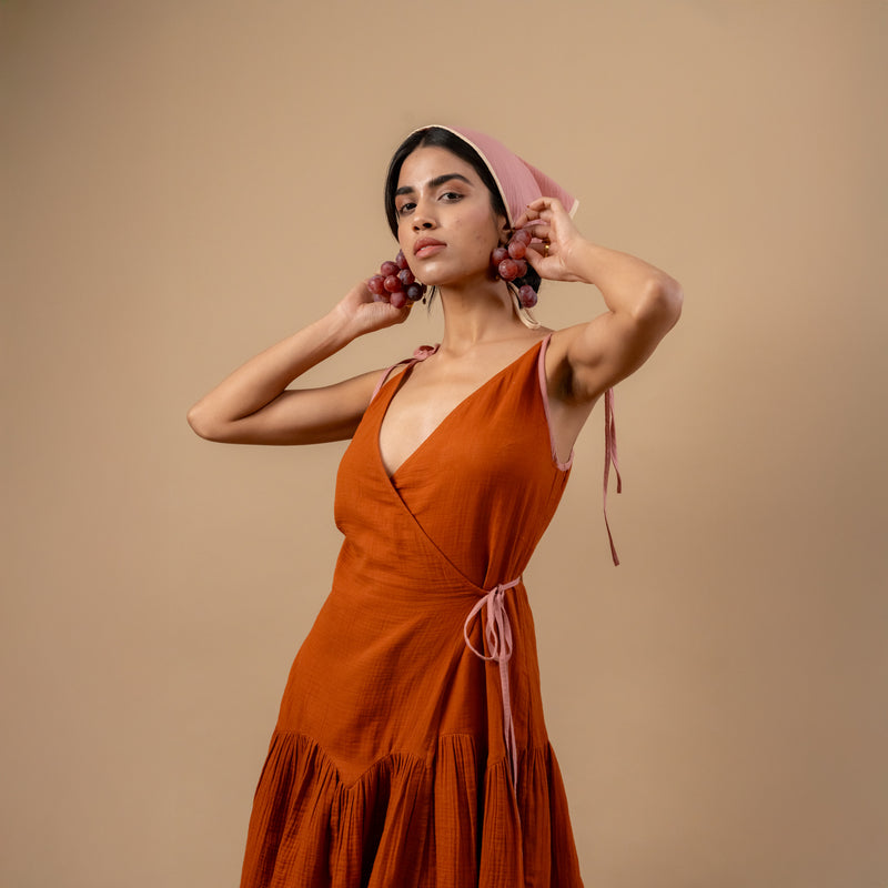 Mudpie Maker Dress organic cotton gauge by Doodlage in rust color for women in Singapore