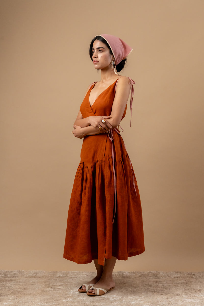 Mudpie Maker Dress organic cotton gauge by Doodlage in rust color for women in Singapore