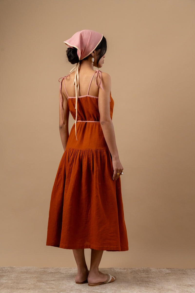 Mudpie Maker Dress organic cotton gauge by Doodlage in rust color for women in Singapore