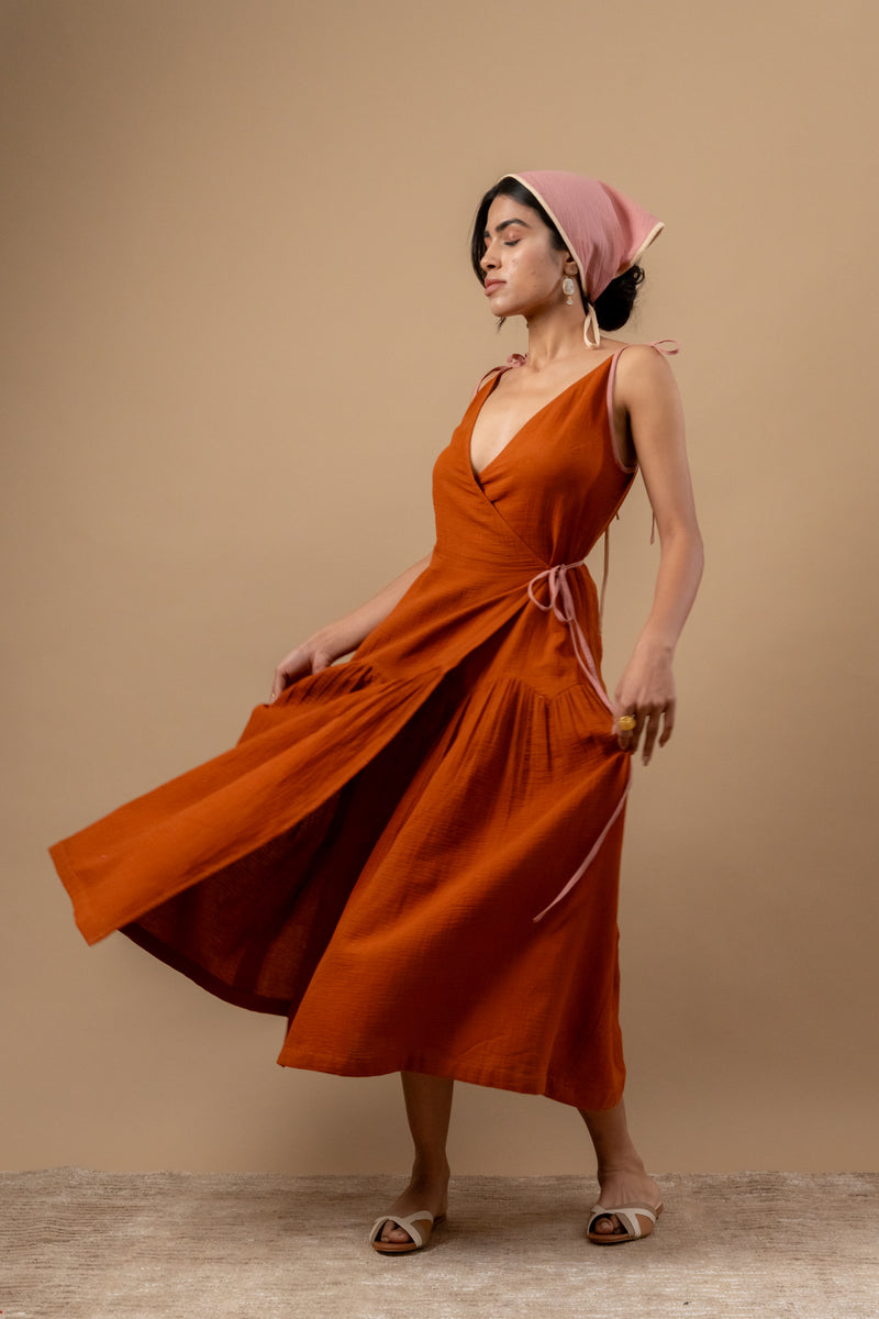 Mudpie Maker Dress organic cotton gauge by Doodlage in rust color for women in Singapore