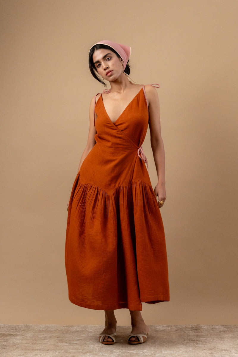 Mudpie Maker Dress organic cotton gauge by Doodlage in rust color for women in Singapore