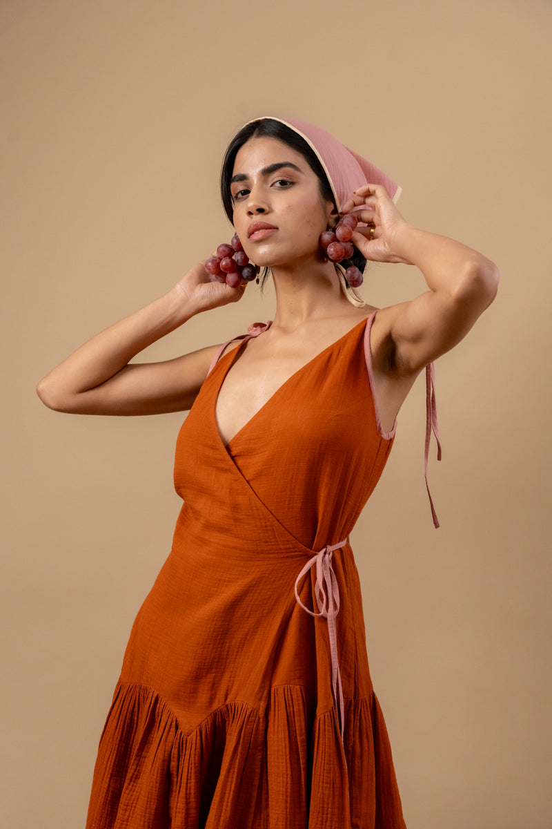 Mudpie Maker Dress organic cotton gauge by Doodlage in rust color for women in Singapore