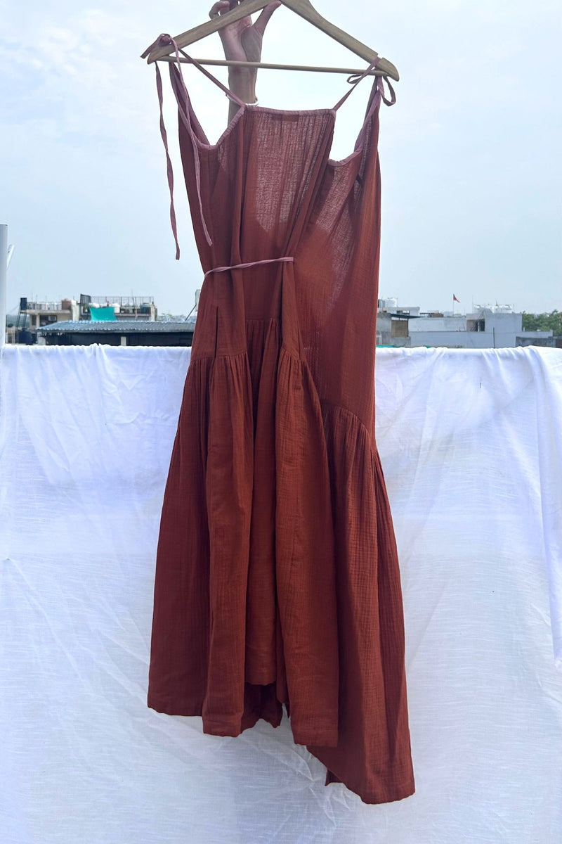 Mudpie Maker Dress organic cotton gauge by Doodlage in rust color for women in Singapore