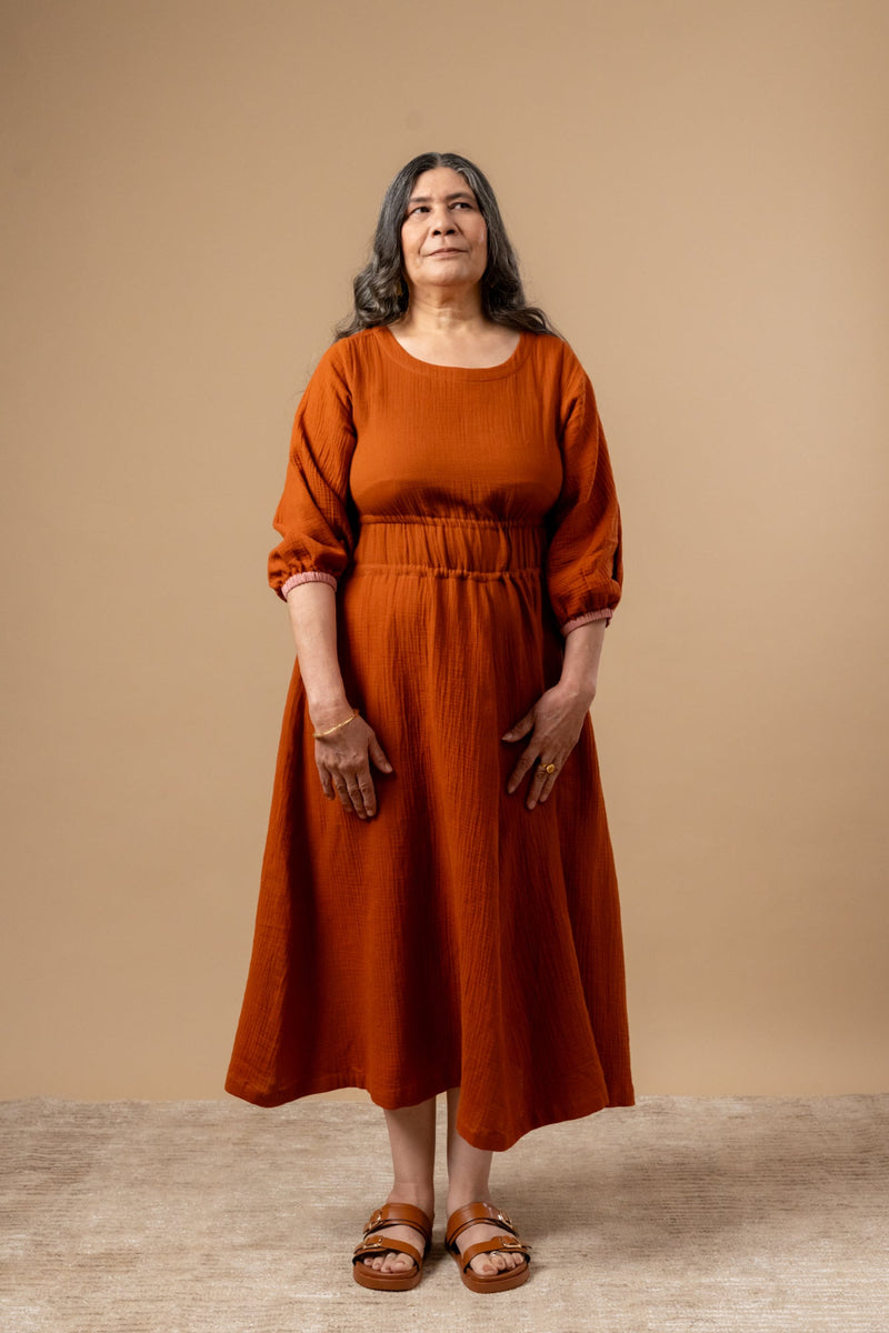 Meadowmallow Dress organic cotton gauge by Doodlage in rust color for women in Singapore