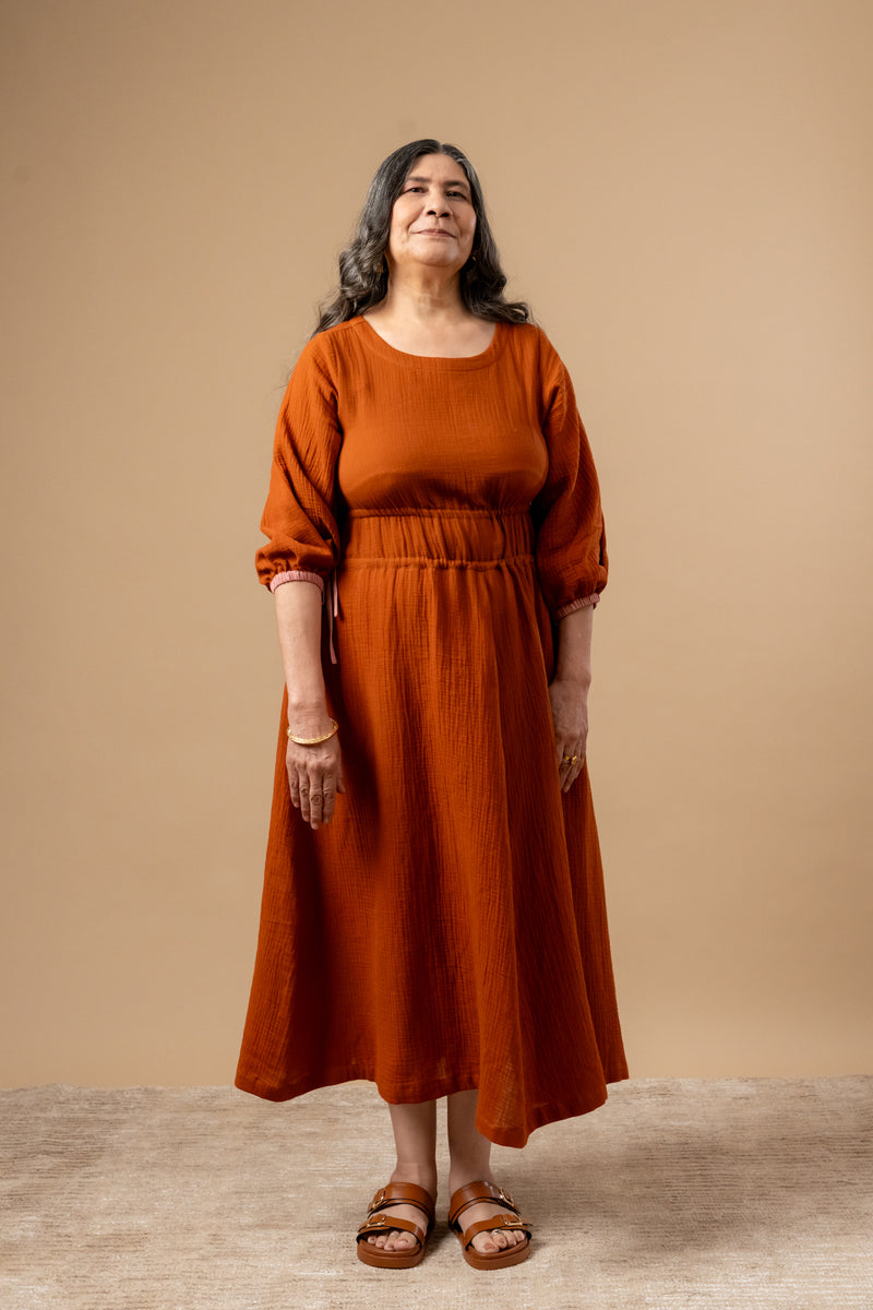 Meadowmallow Dress organic cotton gauge by Doodlage in rust color for women in Singapore