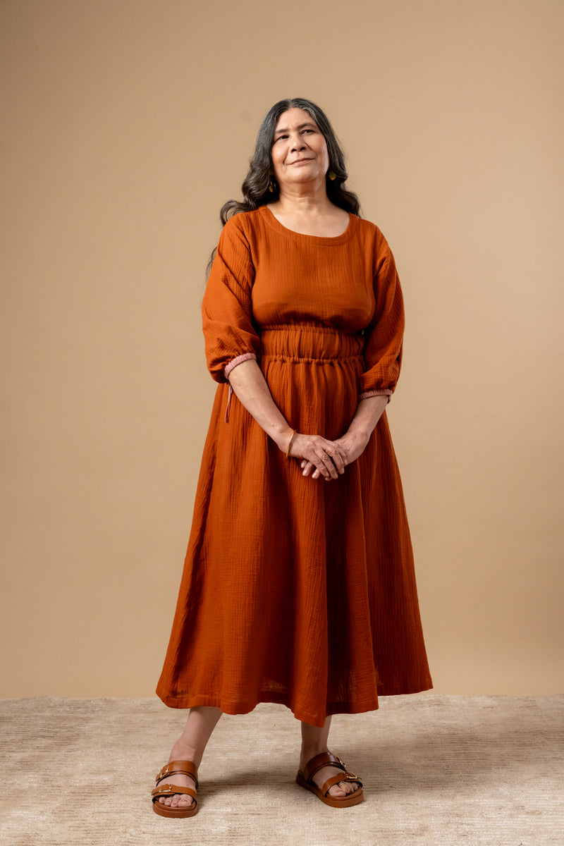 Meadowmallow Dress organic cotton gauge by Doodlage in rust color for women in Singapore
