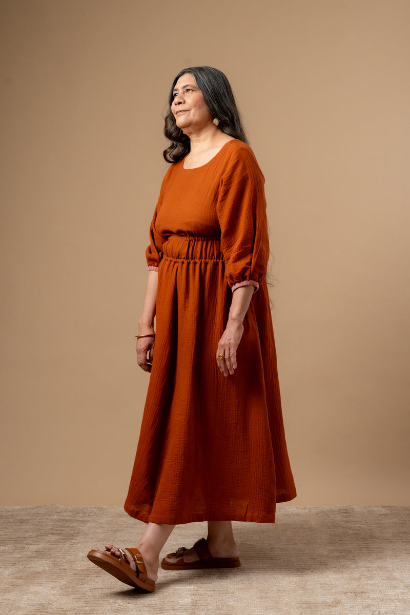 Meadowmallow Dress organic cotton gauge by Doodlage in rust color for women in Singapore