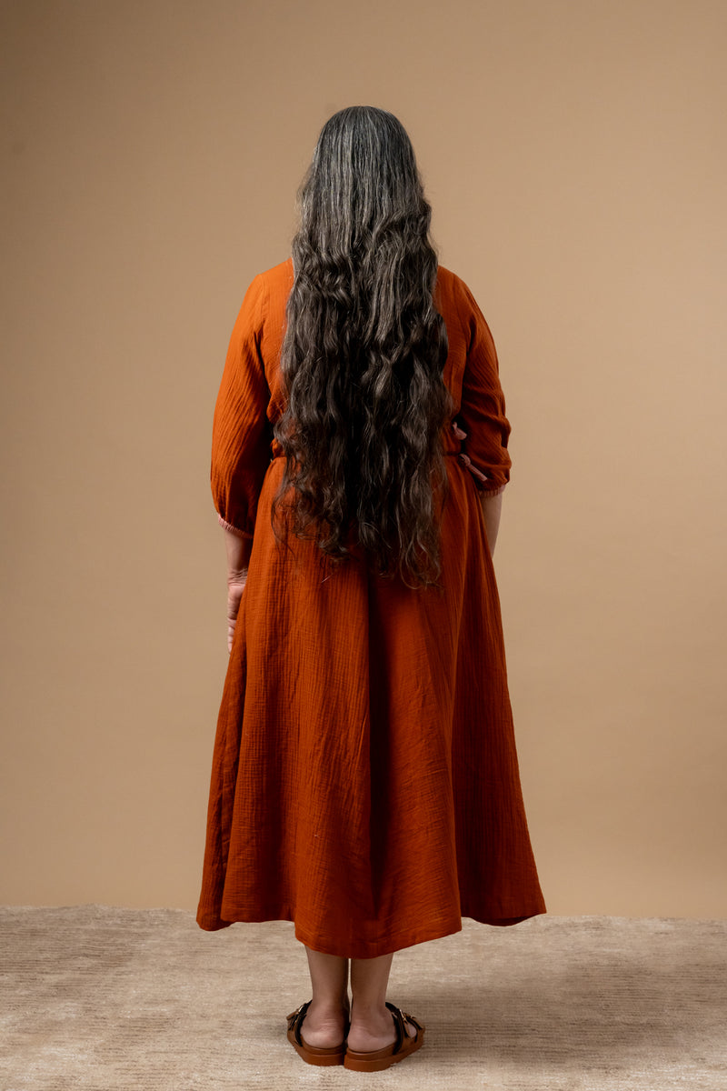 Meadowmallow Dress organic cotton gauge by Doodlage in rust color for women in Singapore