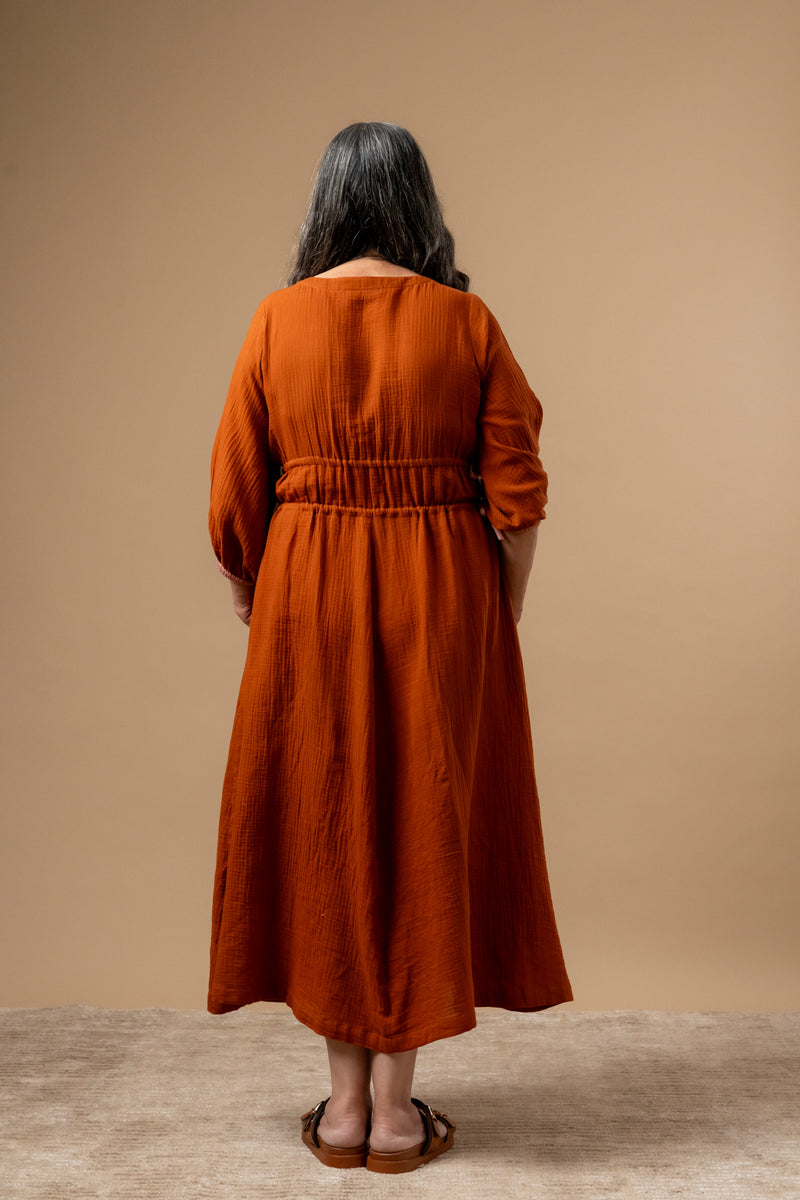 Meadowmallow Dress organic cotton gauge by Doodlage in rust color for women in Singapore