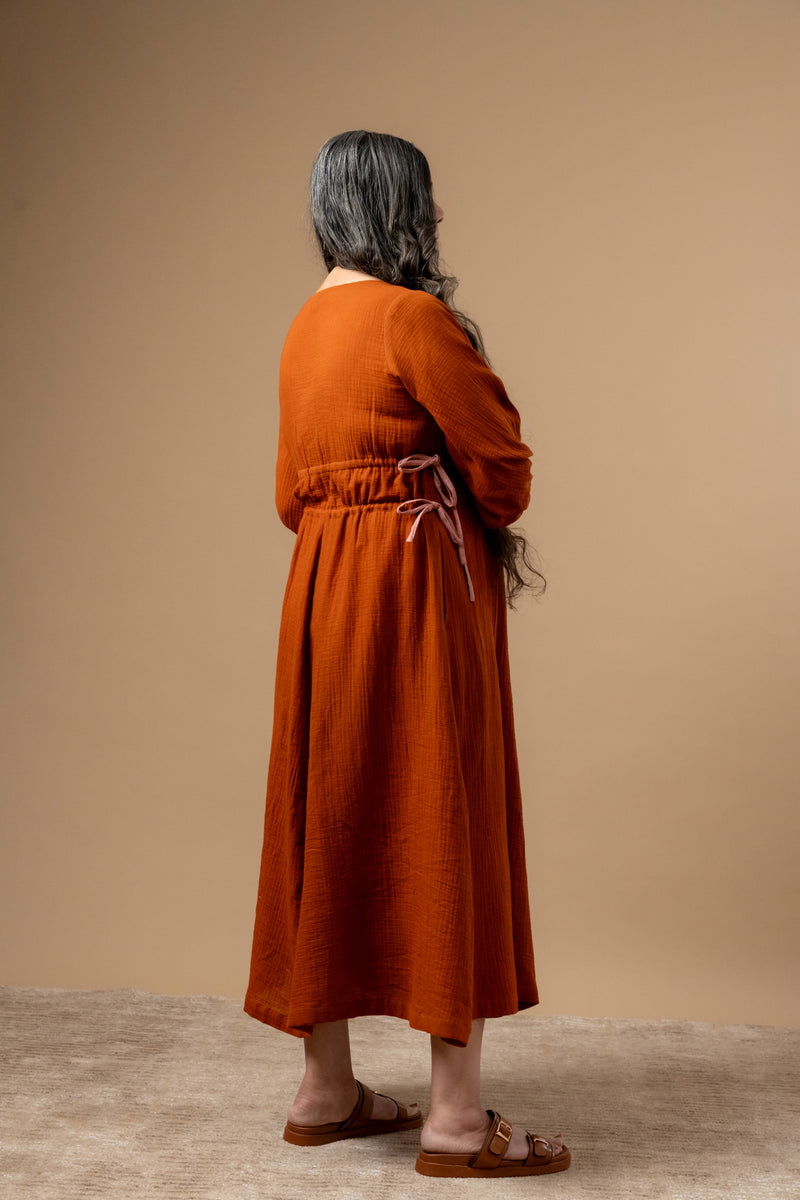 Meadowmallow Dress organic cotton gauge by Doodlage in rust color for women in Singapore