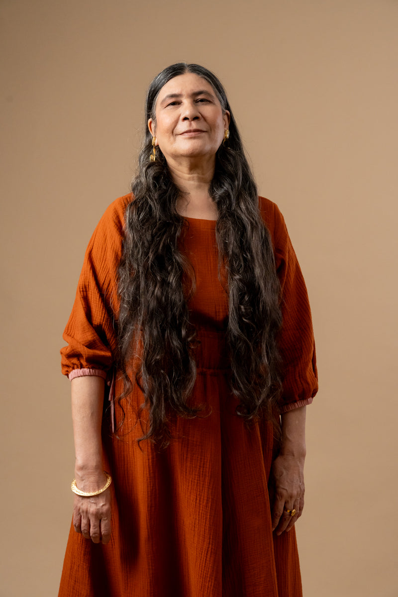 Meadowmallow Dress organic cotton gauge by Doodlage in rust color for women in Singapore