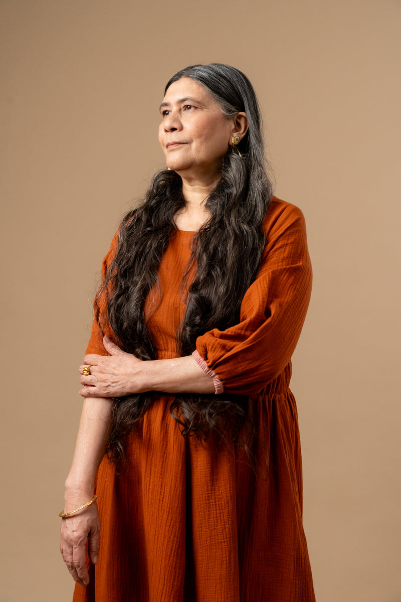 Meadowmallow Dress organic cotton gauge by Doodlage in rust color for women in Singapore