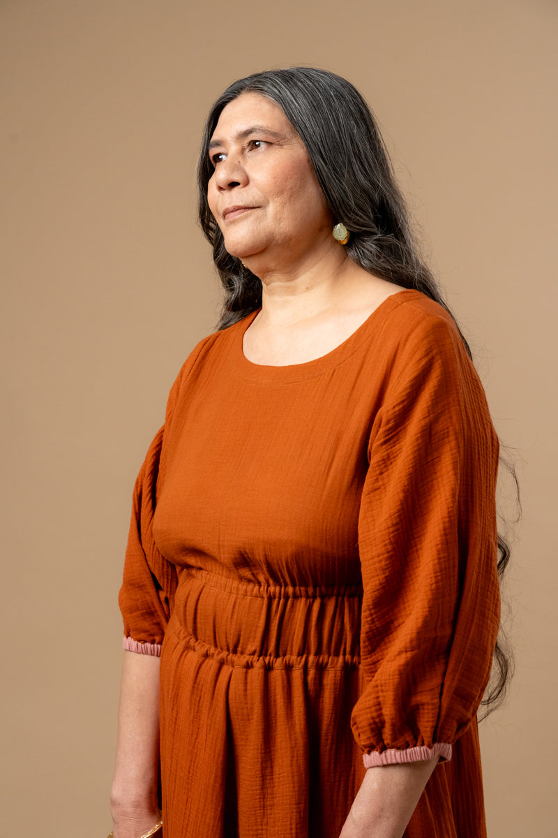 Meadowmallow Dress organic cotton gauge by Doodlage in rust color for women in Singapore