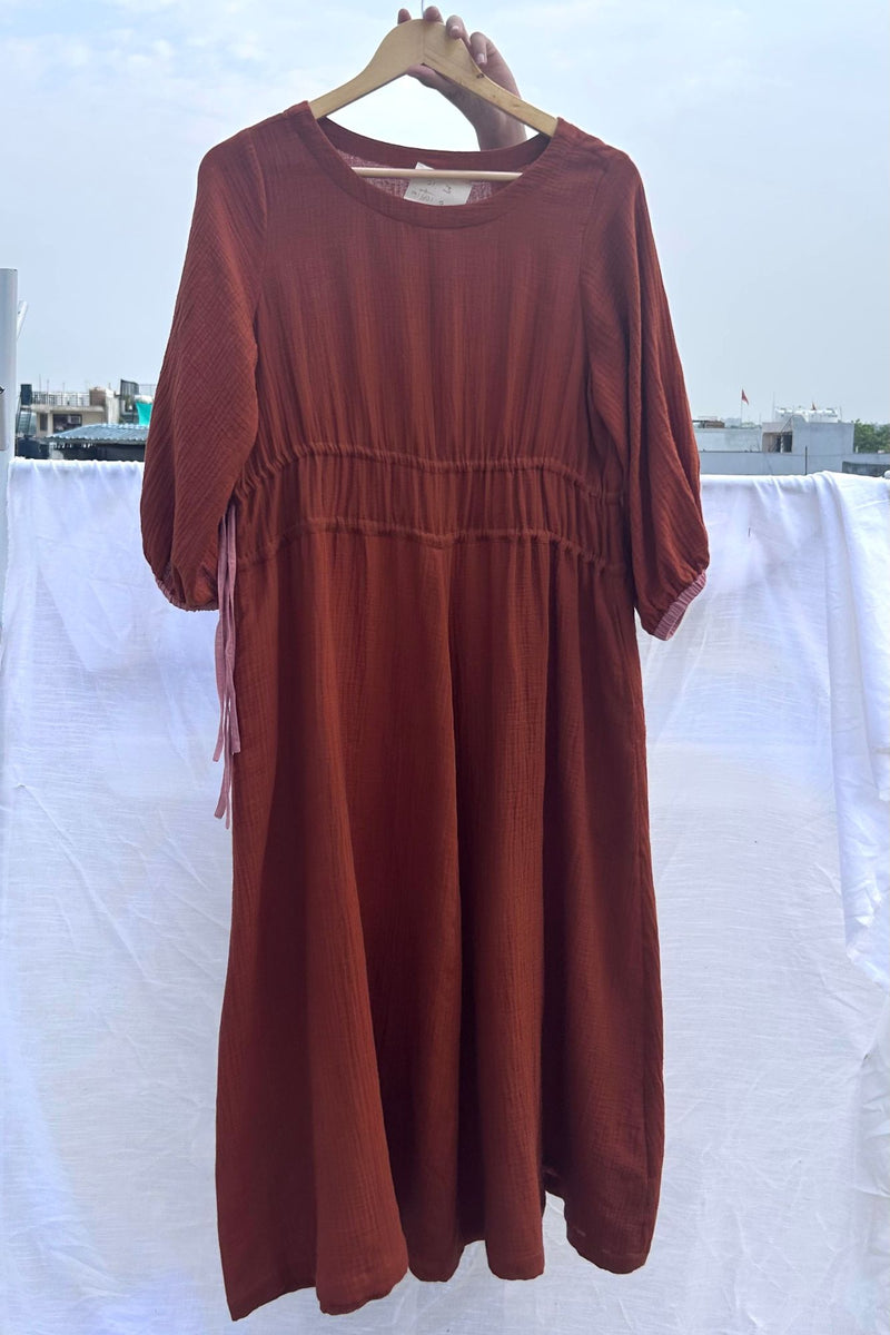 Meadowmallow Dress organic cotton gauge by Doodlage in rust color for women in Singapore