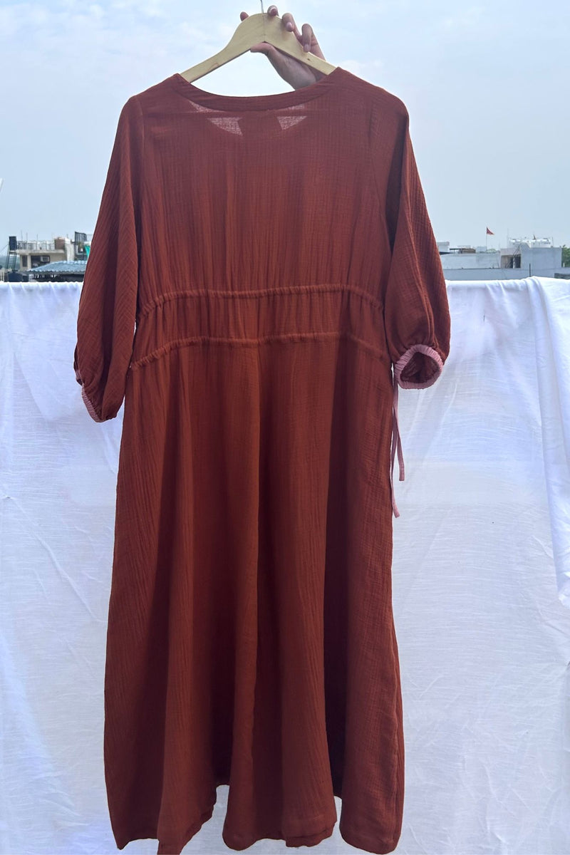 Meadowmallow Dress organic cotton gauge by Doodlage in rust color for women in Singapore