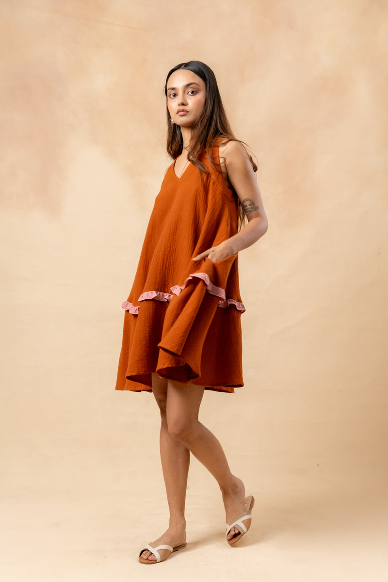 Daisy Daze Dress organic cotton gauge by Doodlage in rust color for women in Singapore