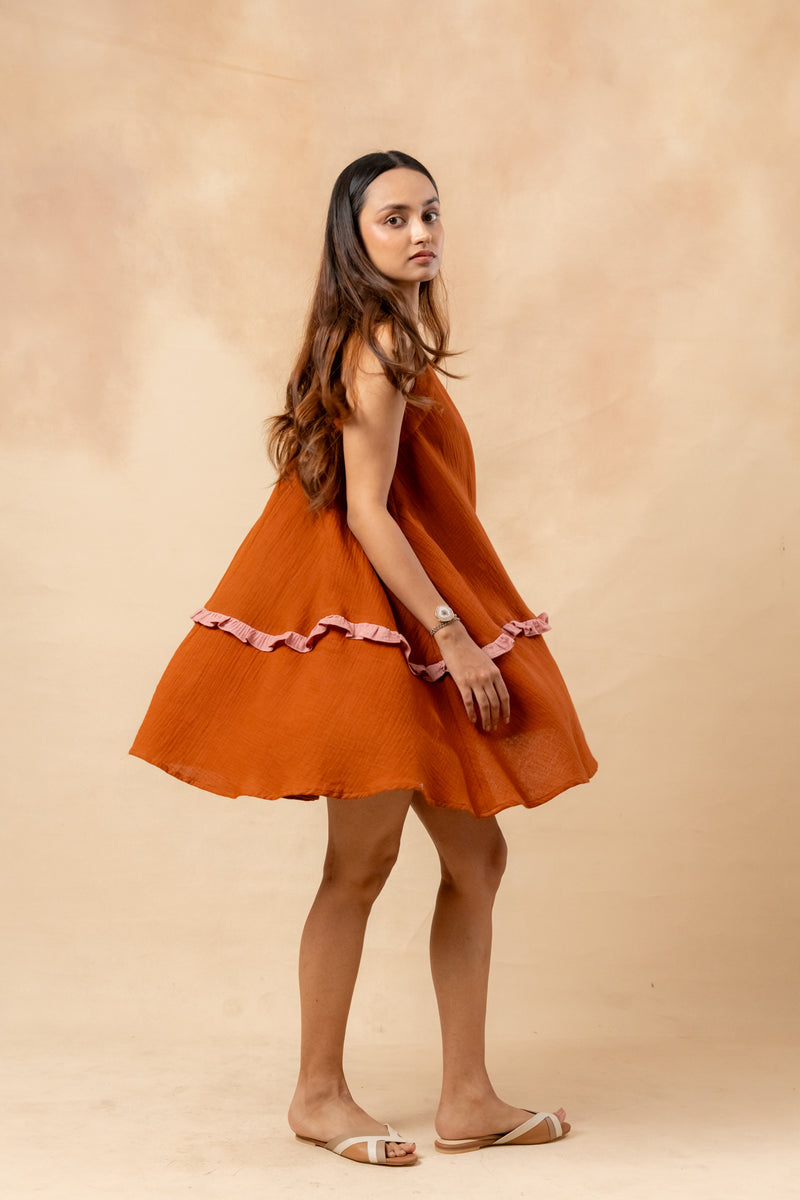 Daisy Daze Dress organic cotton gauge by Doodlage in rust color for women in Singapore