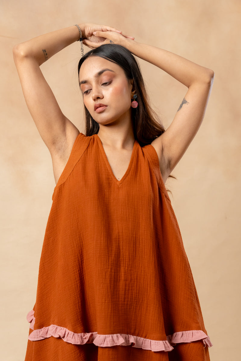 Daisy Daze Dress organic cotton gauge by Doodlage in rust color for women in Singapore
