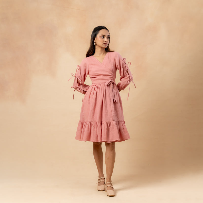 Petal Belted Dress organic cotton gauge by Doodlage in pink color for women in Singapore